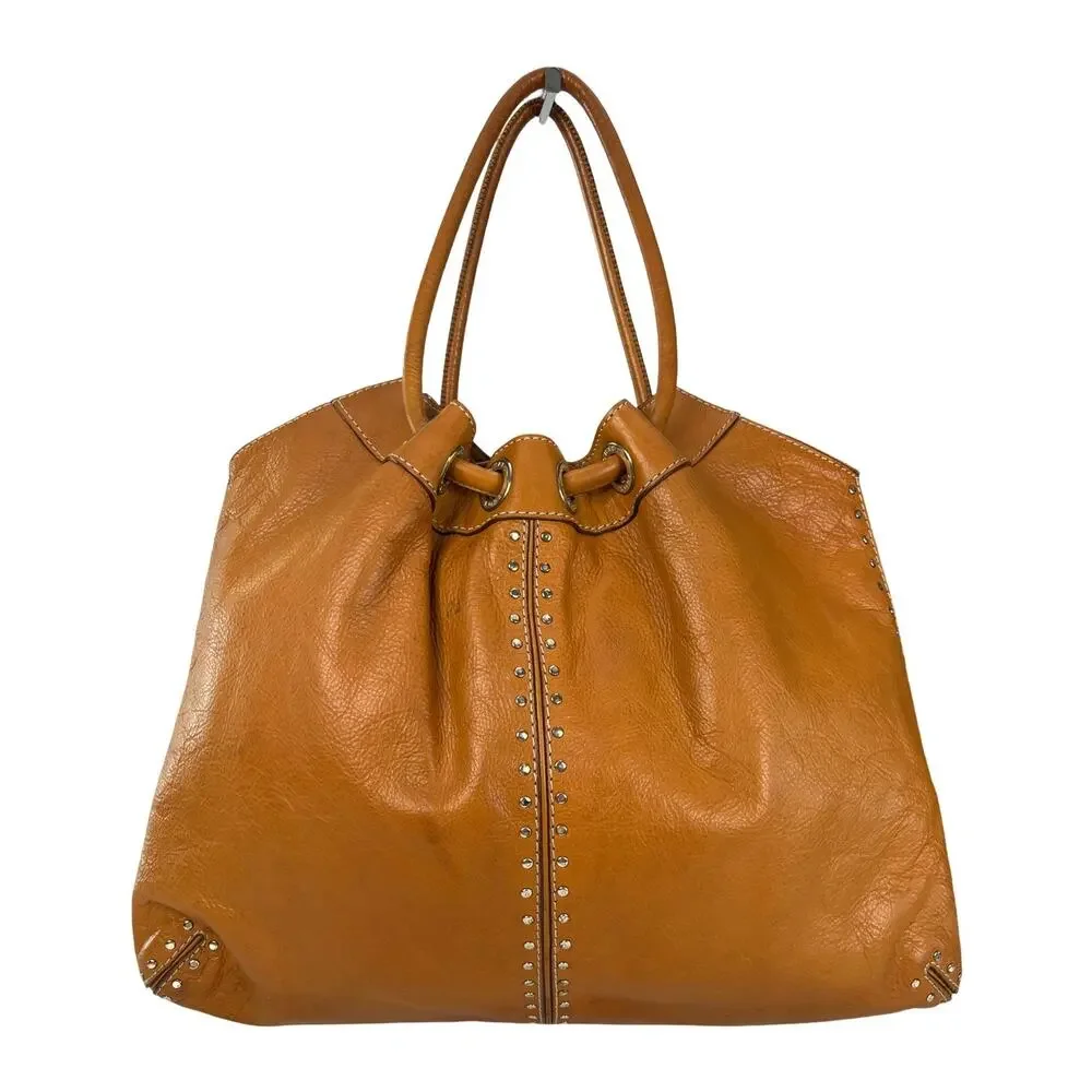 Michael Kors Astor Large Tan Brown Leather Drawstring Tote Bag Stud Detail